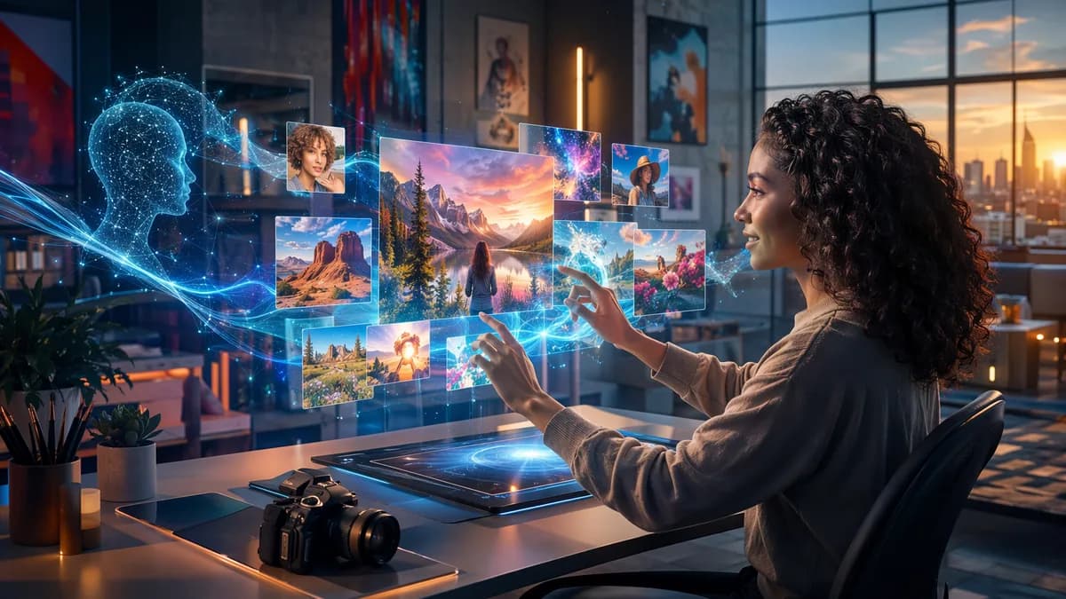 User creates personalized AI images in a futuristic workspace with glowing neural interfaces.