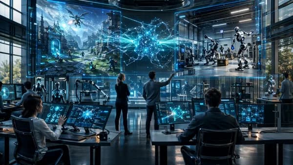 AI lab linking video game simulations to real-world robot training in a futuristic workspace