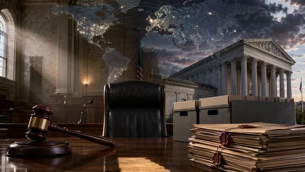 Empty courtroom with gavel and voter records, symbolizing a Georgia election case recusal.