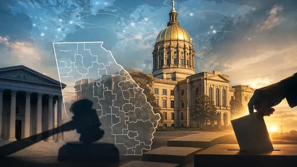 Georgia capitol with abstract district lines and global map backdrop symbolizing voting rights dispute