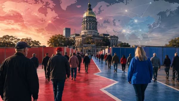 Georgia voters at a polling site with global map backdrop, symbolizing a split GOP runoff.