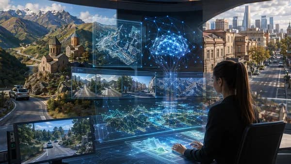 Futuristic mapping hub showing Georgia roads, mountains, screens and neural network visuals.
