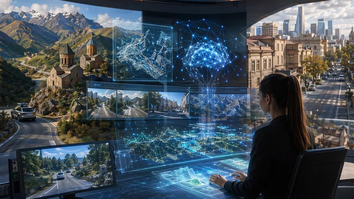 Futuristic mapping hub showing Georgia roads, mountains, screens and neural network visuals.