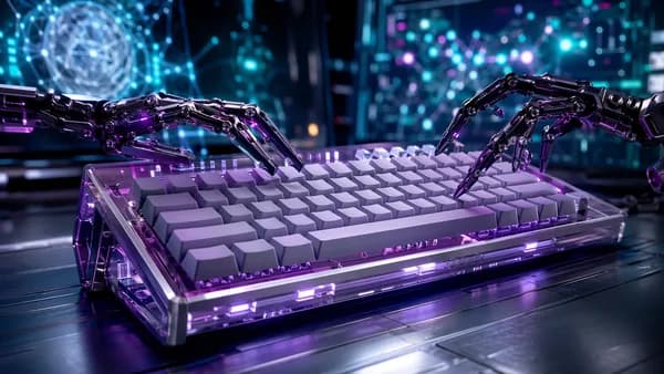 Cyberpunk mechanical keyboard with robotic fingers in a futuristic tech workspace.