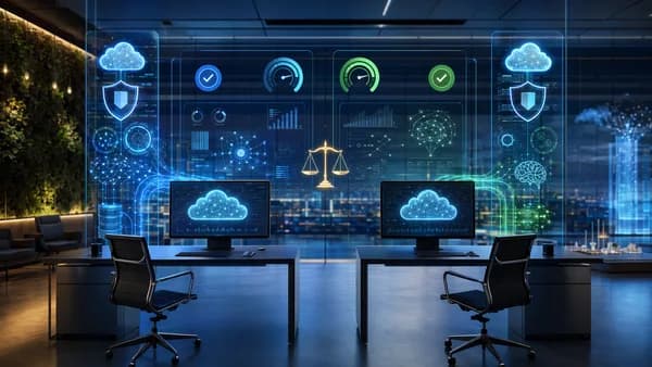 Futuristic dev workspace comparing cloud coding platforms with security, performance, and cost visuals.