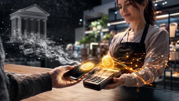 Bitcoin-native mobile checkout at a modern retail counter with digital payment effects.
