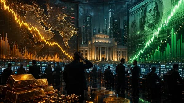 Gold bars on a tense trading floor as market charts fall and dollar strength dominates.