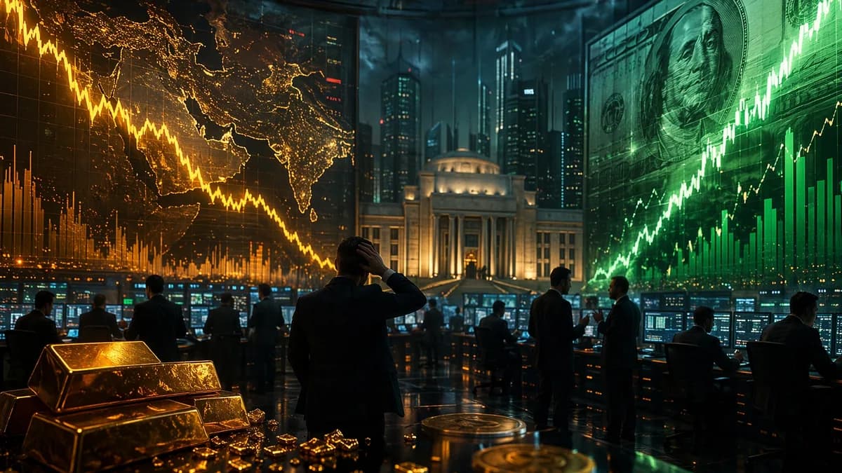 Gold bars on a tense trading floor as market charts fall and dollar strength dominates.