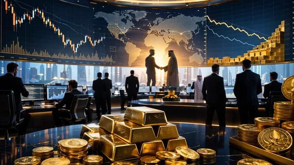 Gold bars on a trading floor with market charts and a subtle diplomacy backdrop