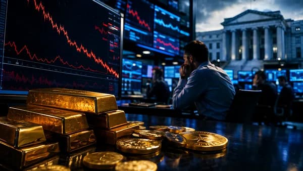 Gold bars on a trading desk with falling market charts and central bank backdrop