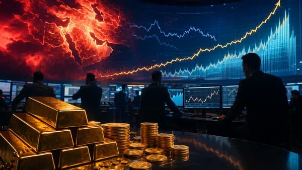 Gold bars on a trading floor with market charts and subtle geopolitical risk visuals.