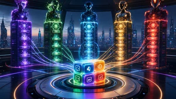 Futuristic AI subscription marketplace with glowing tool bundles and competing digital assistant platforms.