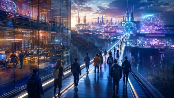 AI researchers move between futuristic labs, symbolizing talent shifting from Google to rivals.