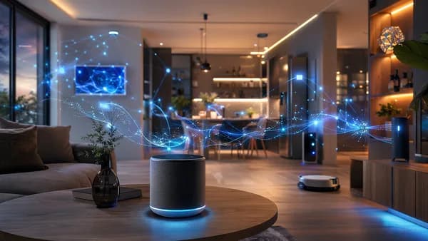 Futuristic smart speaker glowing in a connected home with AI neural network visuals