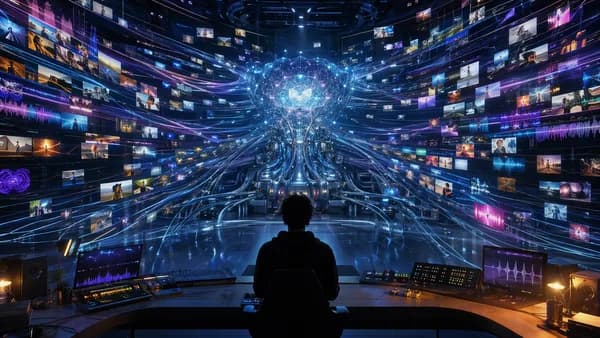 Creator data streams feeding an abstract music AI in a futuristic tech studio.