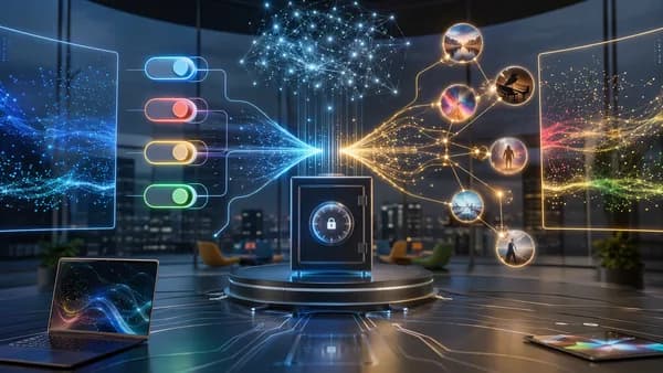 Abstract privacy dashboard with secure data paths in a futuristic tech workspace