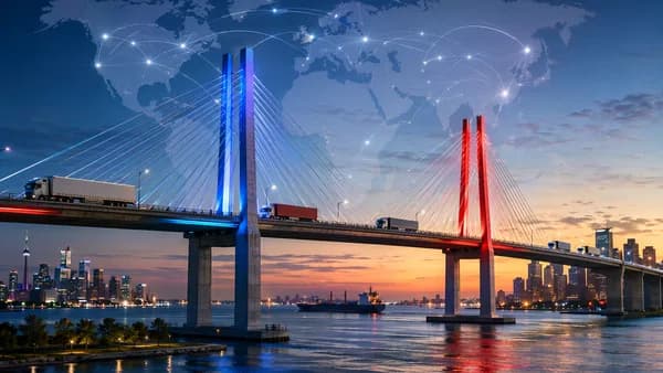 Modern bridge over Detroit River with trade trucks, world map overlay, and glowing global connections.