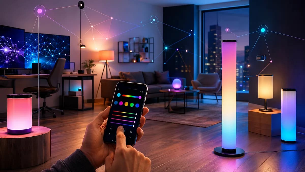 Modern smart lamps glowing in a futuristic connected home workspace with abstract control screens.