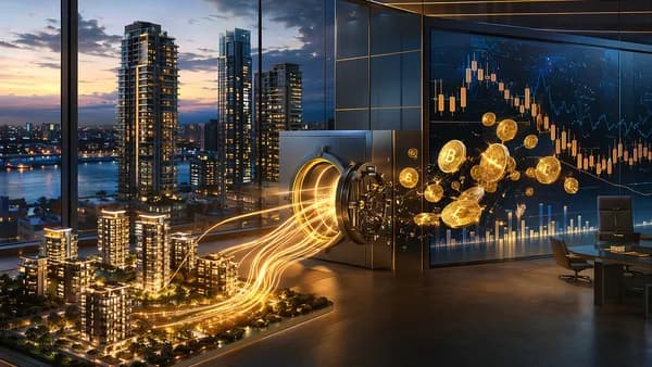 Real estate cash flows feeding a digital crypto vault with glowing coins in a modern city finance scene