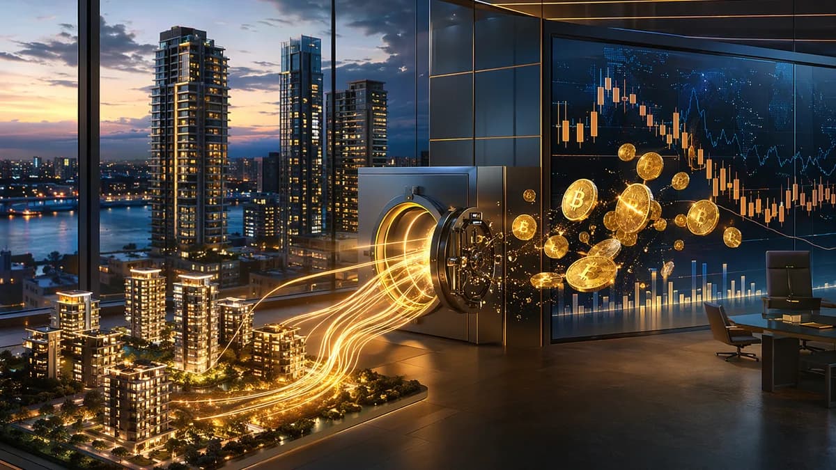 Real estate cash flows feeding a digital crypto vault with glowing coins in a modern city finance scene