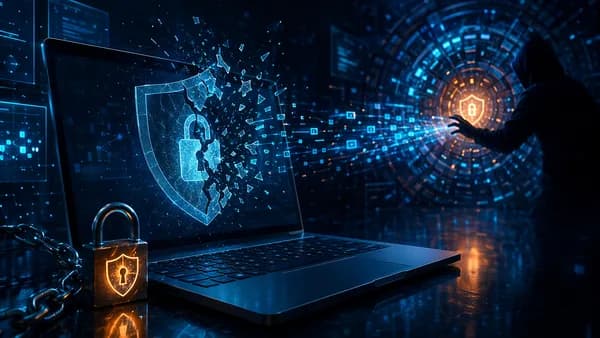 Encrypted laptop with fractured shield and code streams symbolizing a zero-day bypass of device protection.