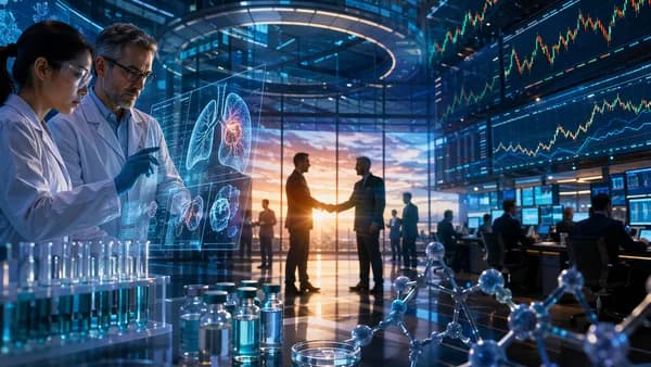Trading floor and oncology lab imagery symbolize GSK’s Nuvalent acquisition and cancer drug market bet.