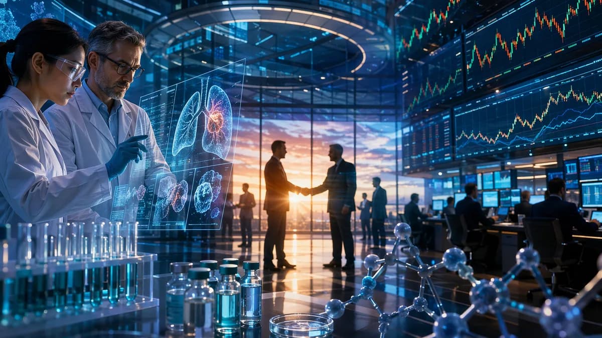Trading floor and oncology lab imagery symbolize GSK’s Nuvalent acquisition and cancer drug market bet.