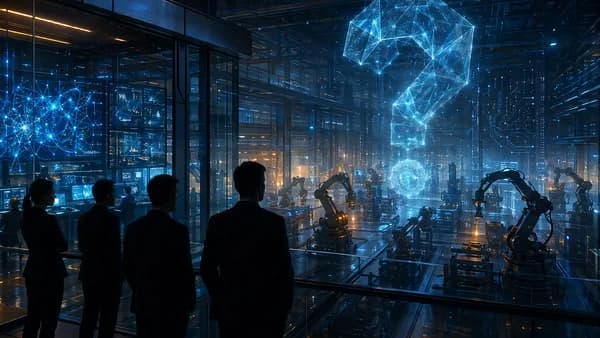 Futuristic AI factory floor with robotic arms, abstract data screens, and silhouetted observers suggesting uncertainty.