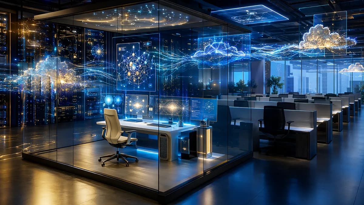 AI-powered startup workspace disrupting traditional IT services with neural networks and futuristic screens