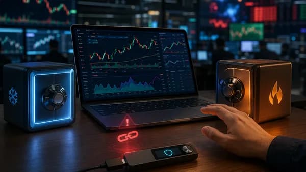 Hardware wallet and DeFi trading desk highlighting cautious approvals and split-fund security.
