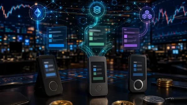 Generic hardware wallets on a crypto trading desk with DeFi approval visuals and market charts.