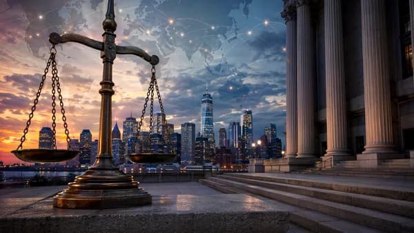 New York courthouse with justice scales, skyline, and global map connections in a cinematic editorial scene