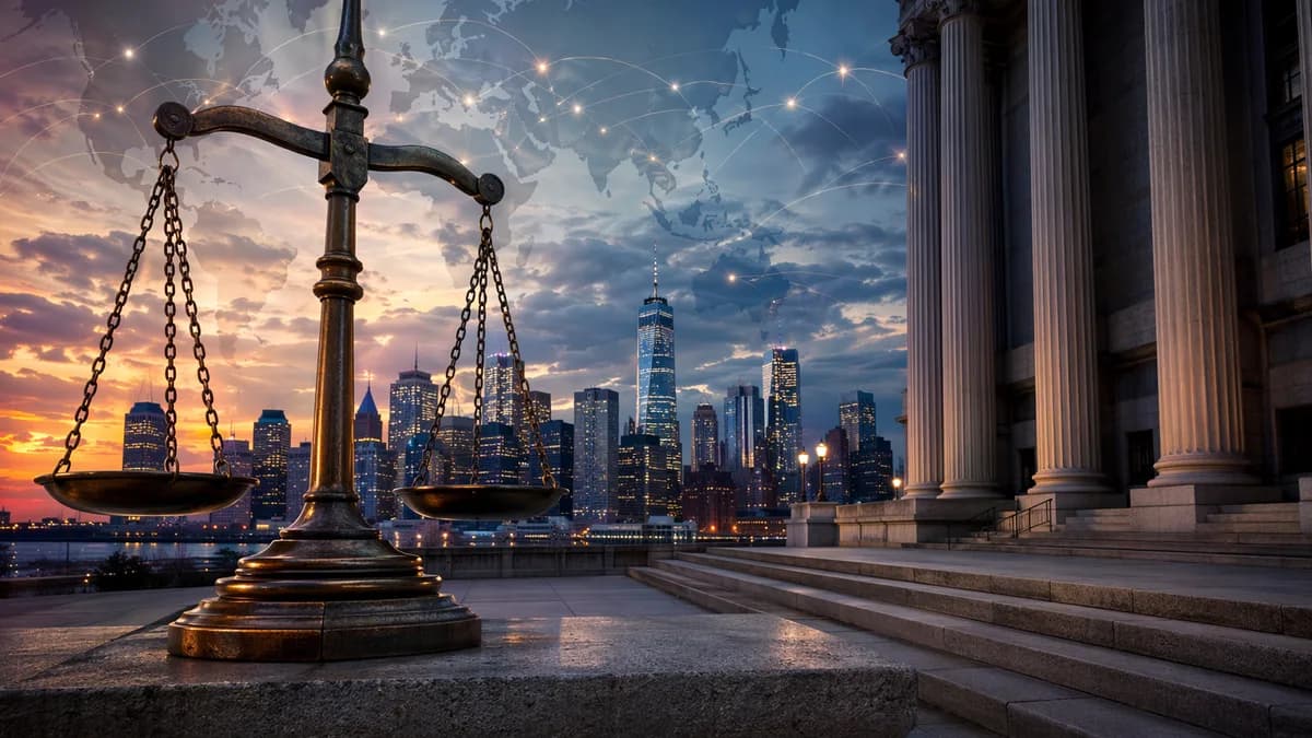 New York courthouse with justice scales, skyline, and global map connections in a cinematic editorial scene