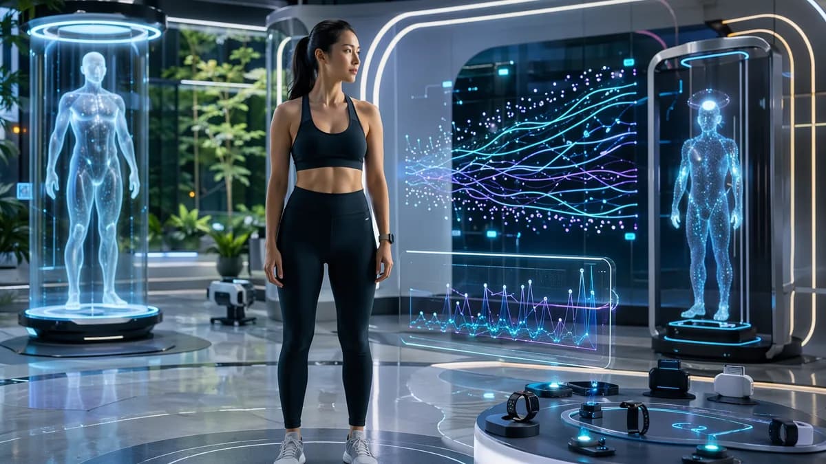 Person in futuristic health lab comparing smart body scanners and trend-focused wellness data