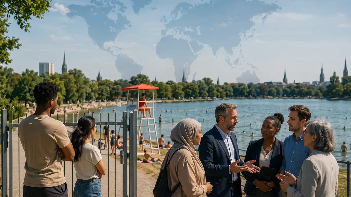 Diverse beachgoers and officials at a German lake, with global map overlay suggesting civic debate.