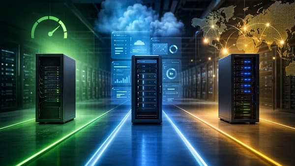 Three server racks racing through a modern cloud data center, symbolizing budget VPS choices.