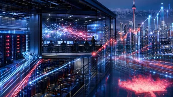 Futuristic Canadian AI data center with GPU servers, neural networks, and rising data streams.