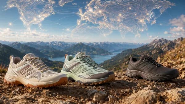Three summer hiking shoes on a mountain trail with global map connections in the background