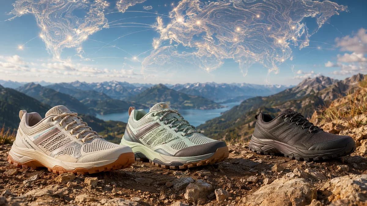 Three summer hiking shoes on a mountain trail with global map connections in the background