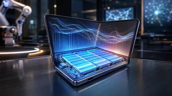 Ultra-thin foldable phone with glowing battery visualization in a futuristic tech workspace