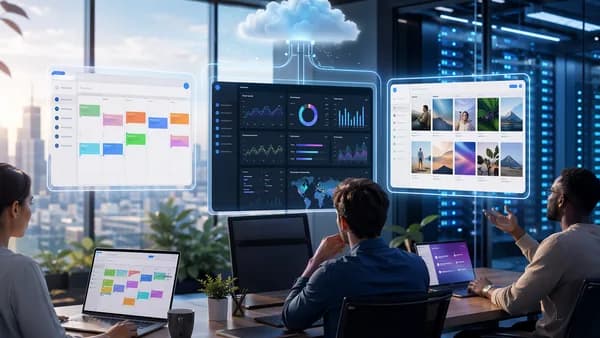 Three SaaS workflow dashboards for social media scheduling, analytics, and visual planning in a modern office.