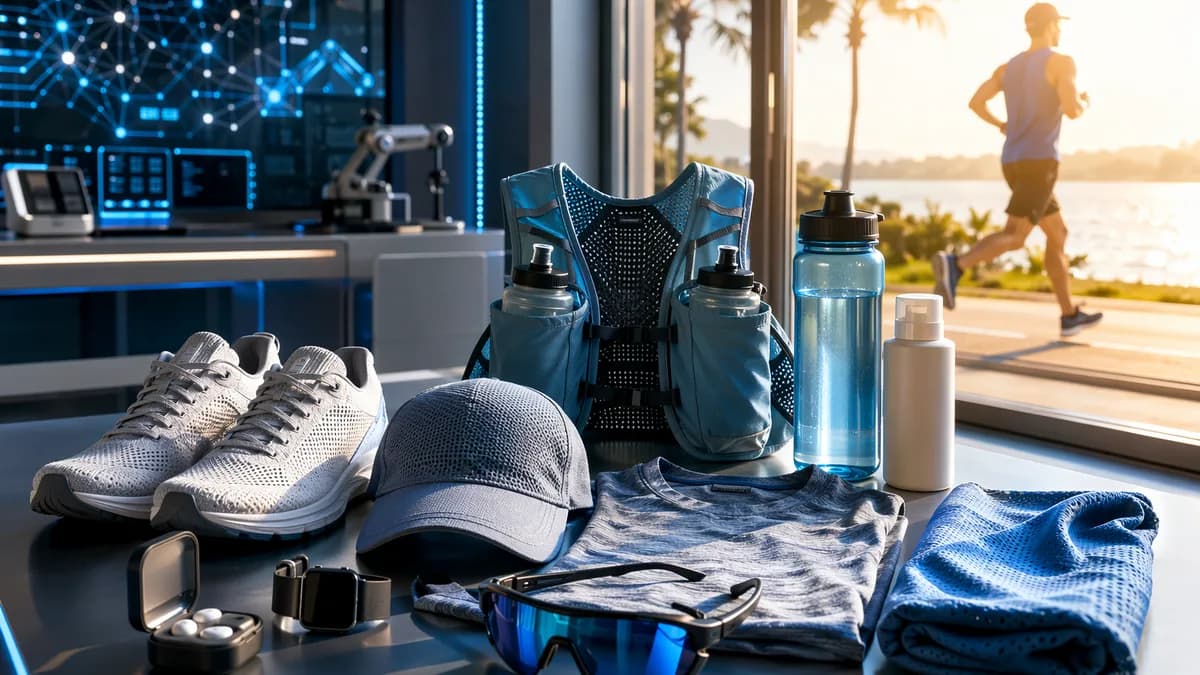 Summer running gear kit on a futuristic tech workspace with hydration, cooling accessories, and bright sunlight.