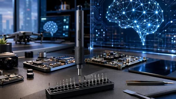 Compact electric screwdriver kit on a futuristic tech workbench with bits and circuit boards