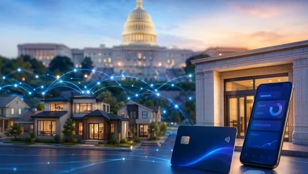 Capitol backdrop with model homes, banking tech, and digital finance links symbolizing housing bill passage