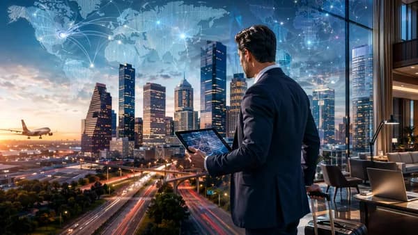 Business traveler in Houston with skyline, airport routes, and global connection overlays