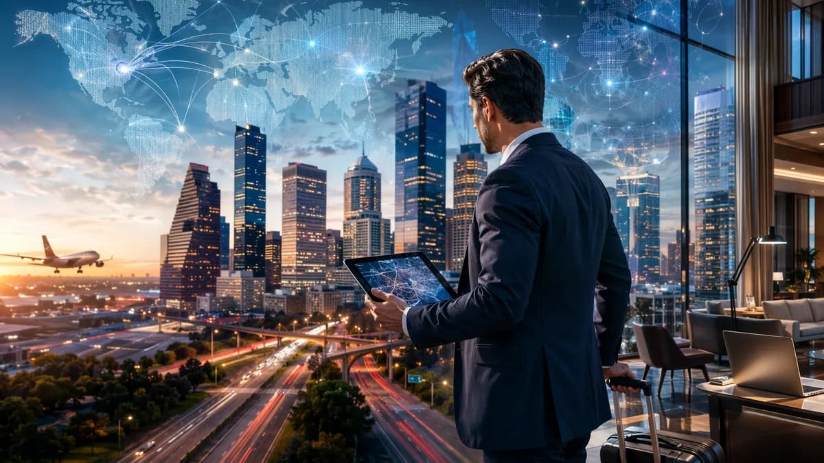 Business traveler in Houston with skyline, airport routes, and global connection overlays