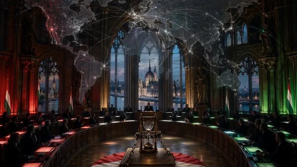 Hungarian parliament chamber with MPs, hourglass, world map, and geopolitical connections.