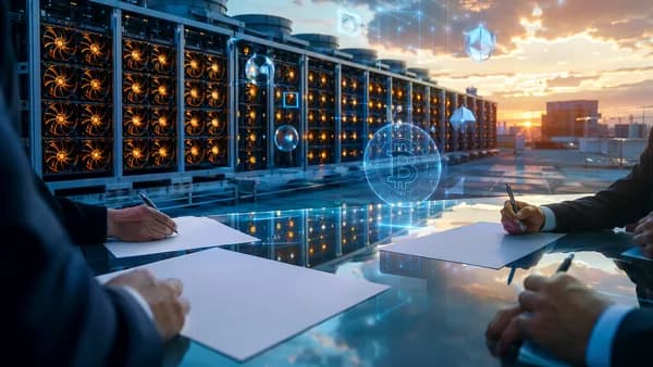 Bitcoin mining data center with investors and blank legal papers suggesting a merger settlement.