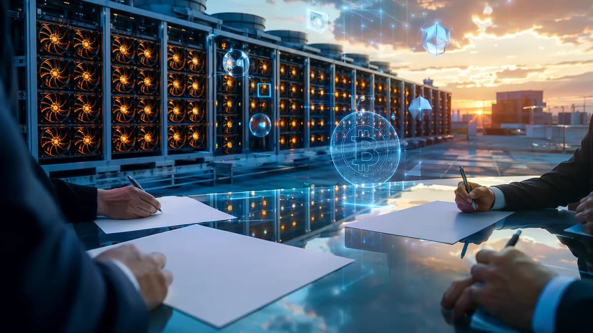 Bitcoin mining data center with investors and blank legal papers suggesting a merger settlement.