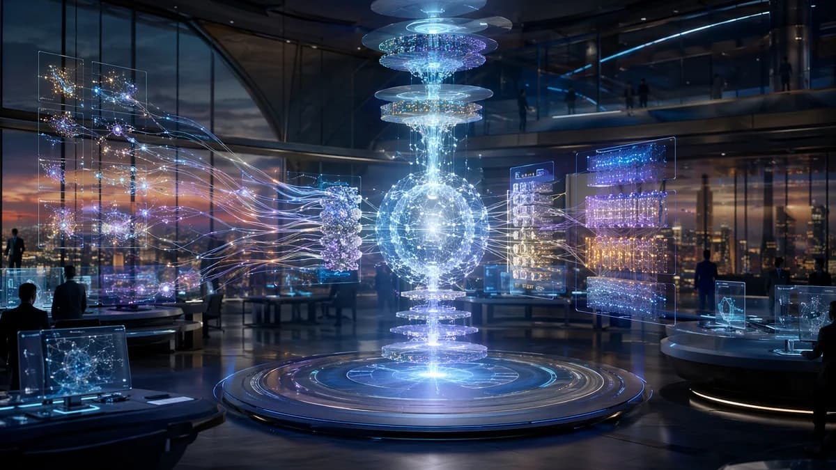 Futuristic AI workspace where a neural core assembles task-specific model layers from abstract data streams.